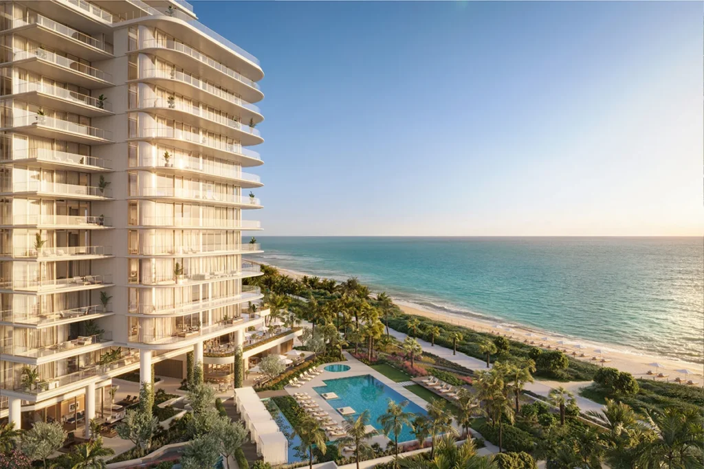 Oceanfront perspective of The Perigon Miami Beach showing the luxury condominium, infinity pool, and 200 feet of pristine Atlantic Ocean beachfront