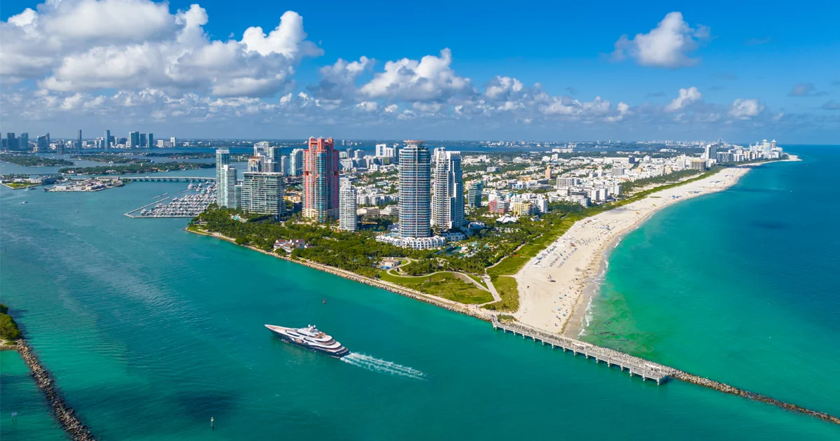 Aerial view of South Beach Miami Beach 33139 waterfront luxury condos and ocean