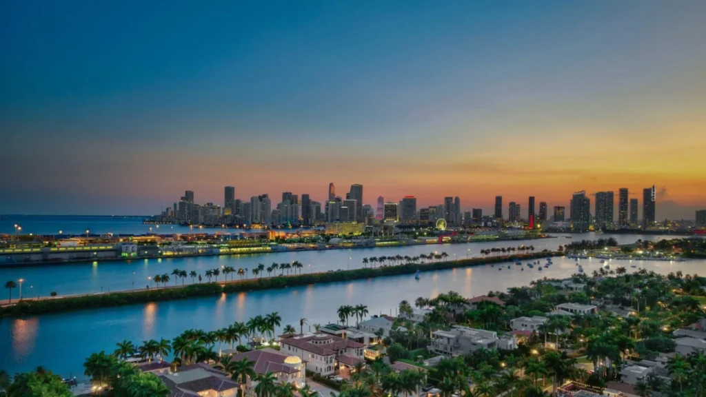 Detailed image of Miami Beach Luxury Island Homes Twilight View Downtown Miami Skyline, a premier Modern Loft showcasing resort-style amenities in the exclusive South Beach neighborhood.