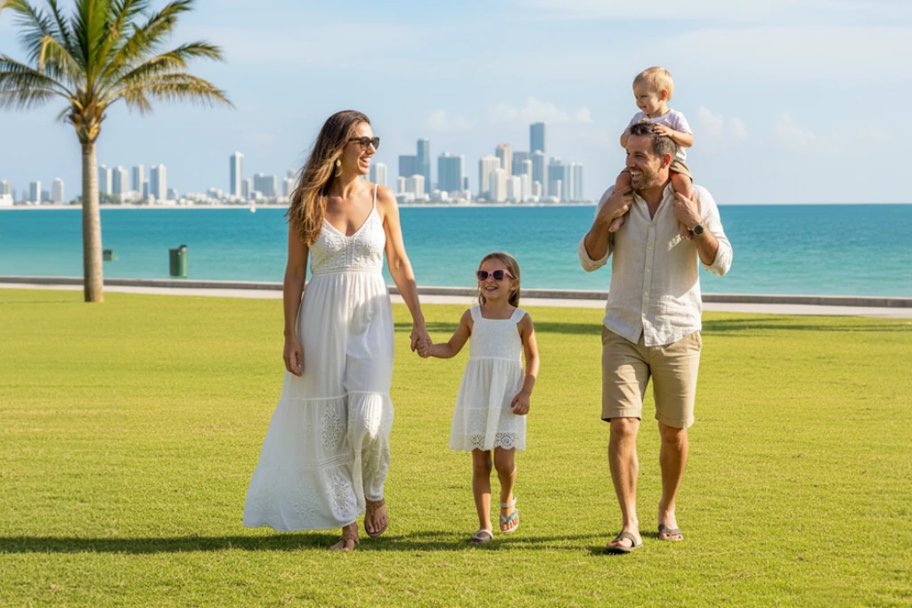 A stylish family with two children enjoys a sunny day on the lush green lawn of South Pointe Park, with the Miami Beach skyline and waterfront in the background.