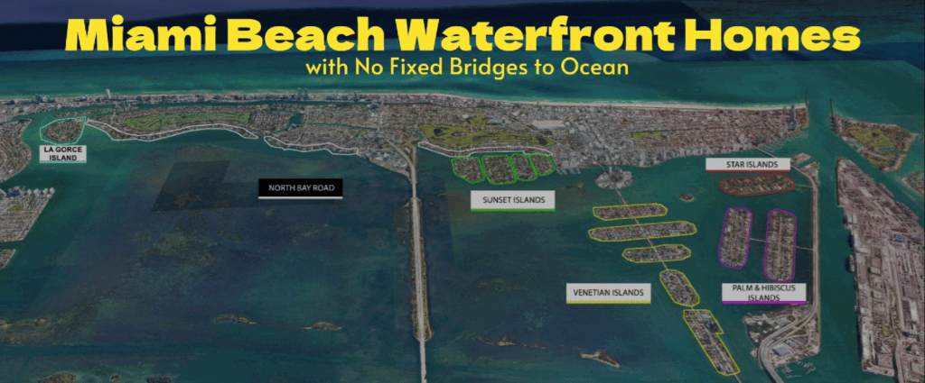 Detailed image of Miami Beach Exclusive Waterfront Islands Map Luxury Homes No Fixed Bridges Yacht Access Star Venetian Sunset La Gorce, a premier Luxury Condo showcasing panoramic ocean views in the exclusive Miami Beach neighborhoods.