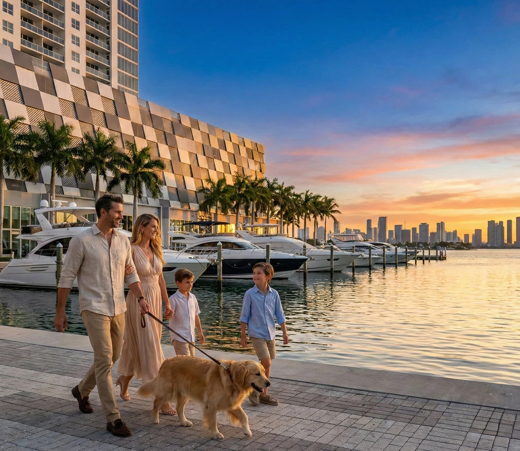 A stylish family walking their dog at golden hour along the Sunset Harbour marina promenade, with luxury yachts and the downtown Miami skyline in the background.