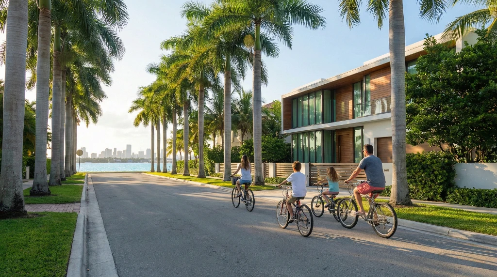 A family on bicycles rides down a quiet, palm-lined street on the Venetian Islands, with a modern home to the left and views of Biscayne Bay at the end of the road.