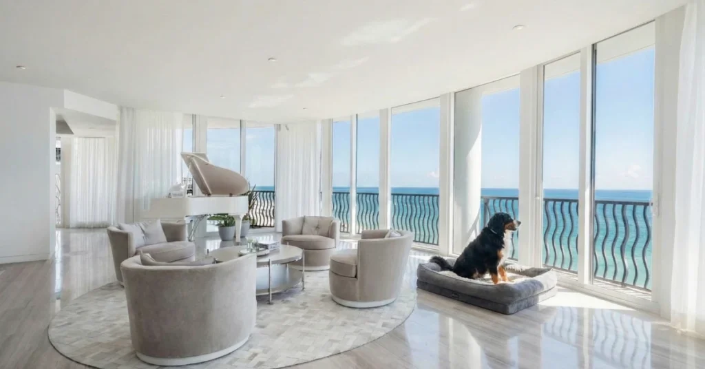 Modern South Beach condo living room with minimalist decor, a large grey dog bed, and a Bernese Mountain Dog gazing out a floor-to-ceiling window at the Miami skyline.