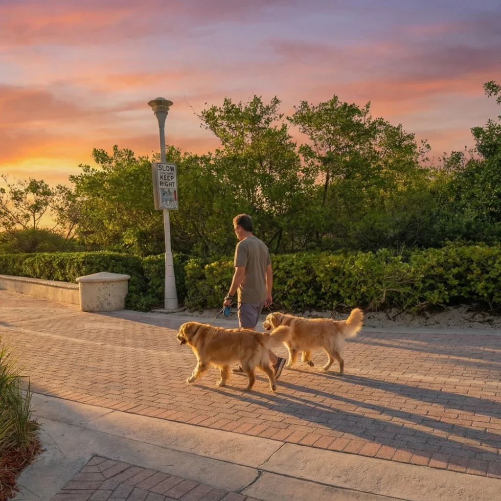 A scenic, pet-friendly beachfront promenade in South Beach at sunset, with lush tropical landscaping and palm trees, ideal for walking large dogs from nearby luxury condos.