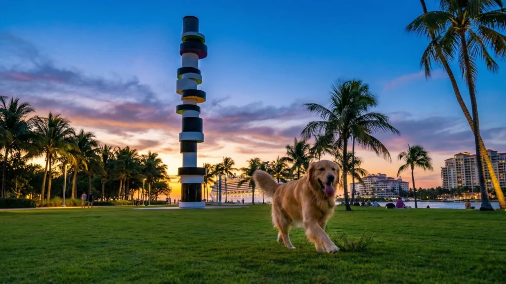 A stunning view of luxury waterfront condos in Miami Beach's South of Fifth neighborhood, showcasing modern architecture with glass balconies overlooking South Pointe Park and the turquoise ocean, ideal for residents seeking pet-friendly large dog condos.