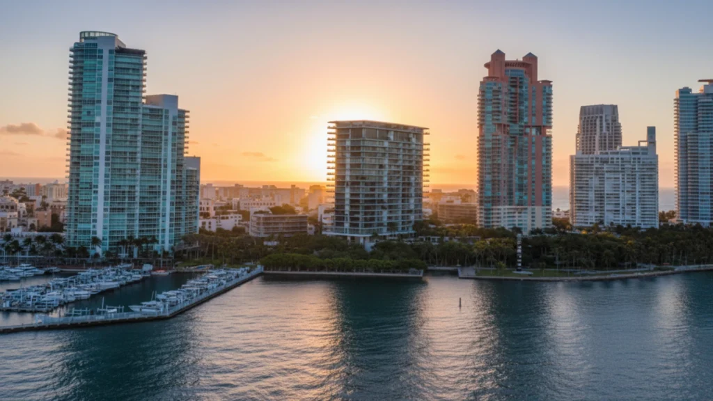 A breathtaking sunrise over the Atlantic Ocean viewed through the floor-to-ceiling windows of a luxury Apogee condo in Miami's South of Fifth neighborhood.