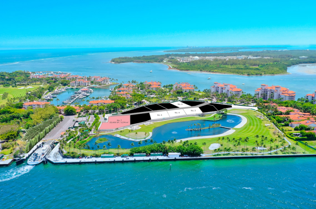 Aerial view of Fisher Island Miami showing the exclusive Mansion estate lots including Mansion No. 7, surrounded by turquoise water