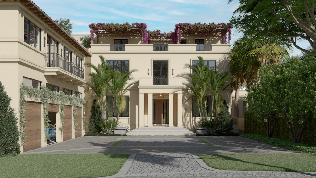 Grand exterior entry and facade of Mansion No. 7 at The Mansions on Fisher Island Miami with palm-lined motor court