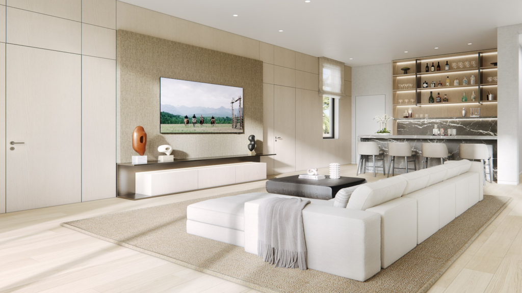 Luxury living room with media wall, marble wet bar, and custom built-ins at Mansion No. 7 – The Mansions on Fisher Island Miami
