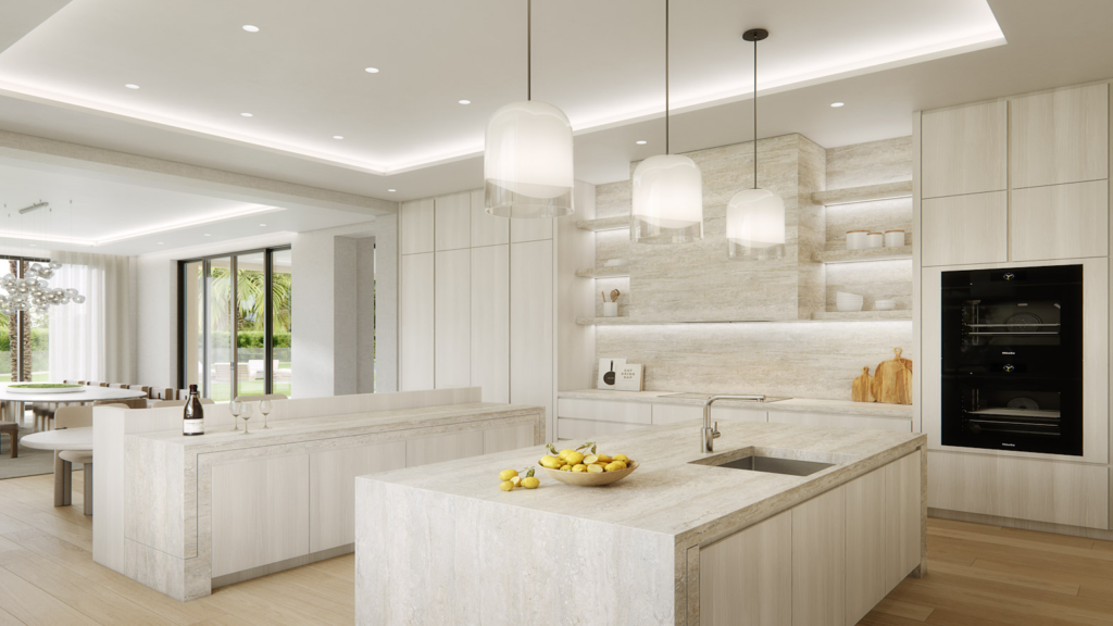 Luxury open-plan kitchen with marble island and custom cabinetry at Mansion No. 7 – The Mansions on Fisher Island Miami