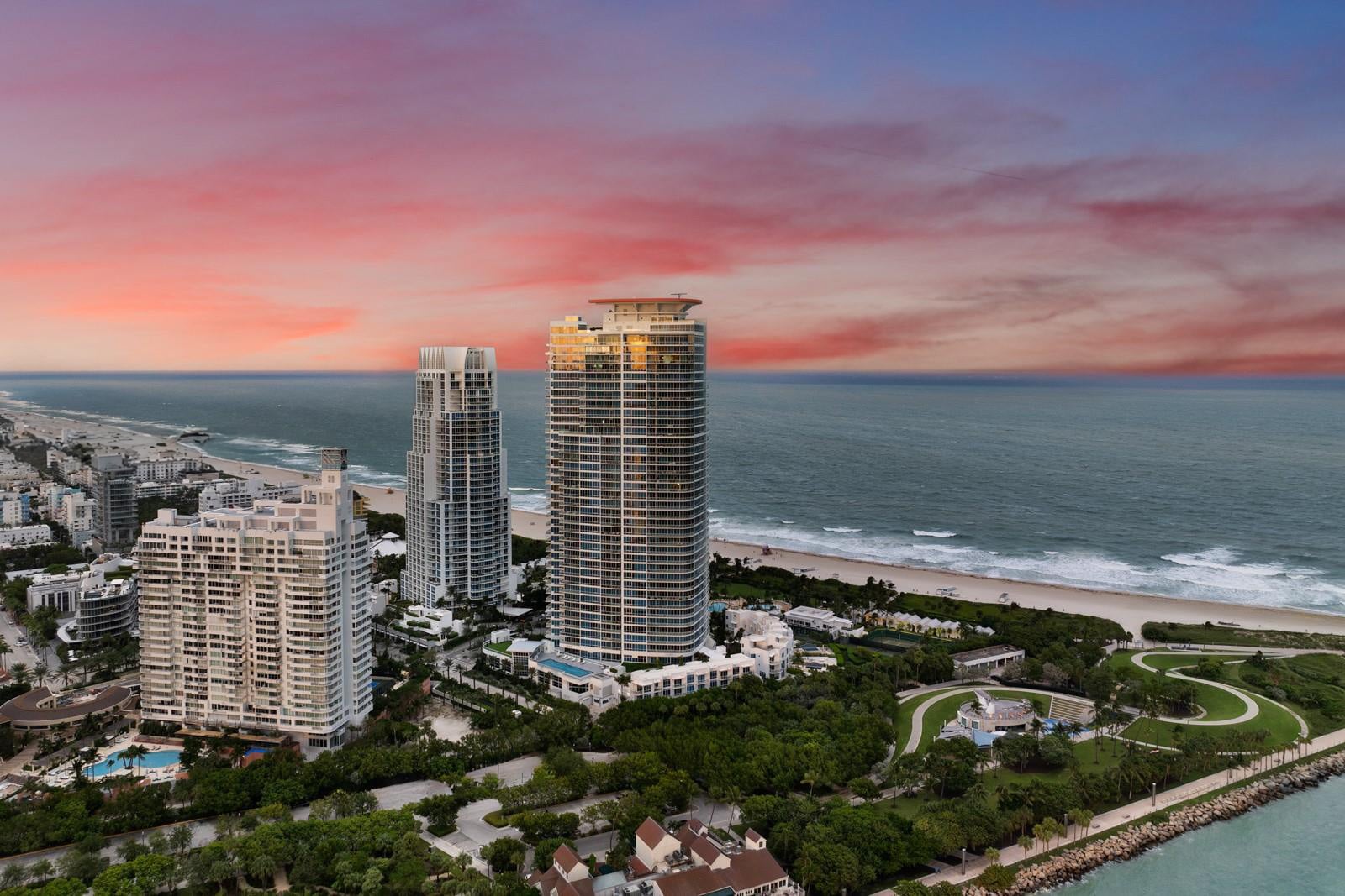 Aerial view of South Florida luxury condos and oceanfront homes along the Atlantic coastline
