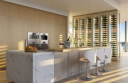 Pagani Residences Penthouse Chef Kitchen – Italian Schiffini Design Miami Pagani Residences penthouse Italian Schiffini Cinqueterre chef kitchen with 10-foot Carrara marble island in North Bay Village, Miami