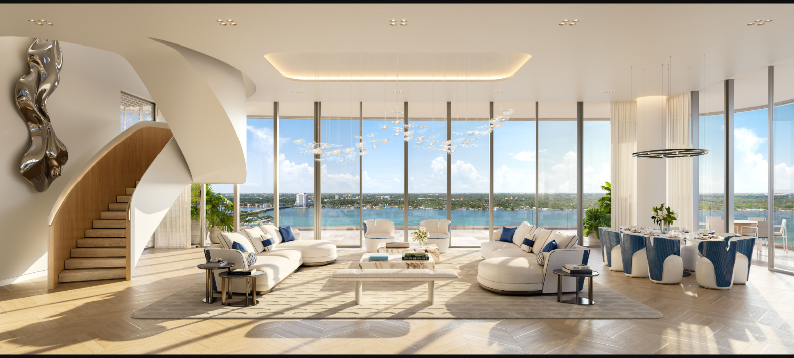 Pagani Residences Penthouse Great Room – Pagani-Designed Interiors Miami Pagani Residences penthouse great room with elliptical staircase, panoramic Biscayne Bay views, and Pagani-designed interiors in North Bay Village, Miami