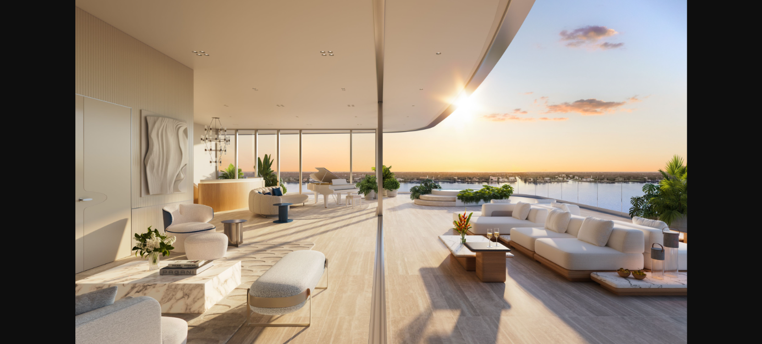 Pagani Residences Penthouse Indoor-Outdoor Living – Miami Luxury Pagani Residences penthouse indoor-outdoor living space with private terrace and sunset views over Biscayne Bay, Miami