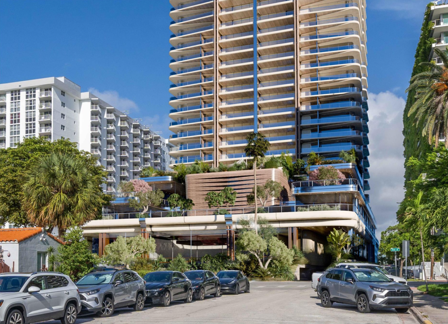 1250 West Avenue Miami Beach architectural rendering showing the ground-level amenity podium and tower designed by ODP Architecture for Terra's luxury bayfront development