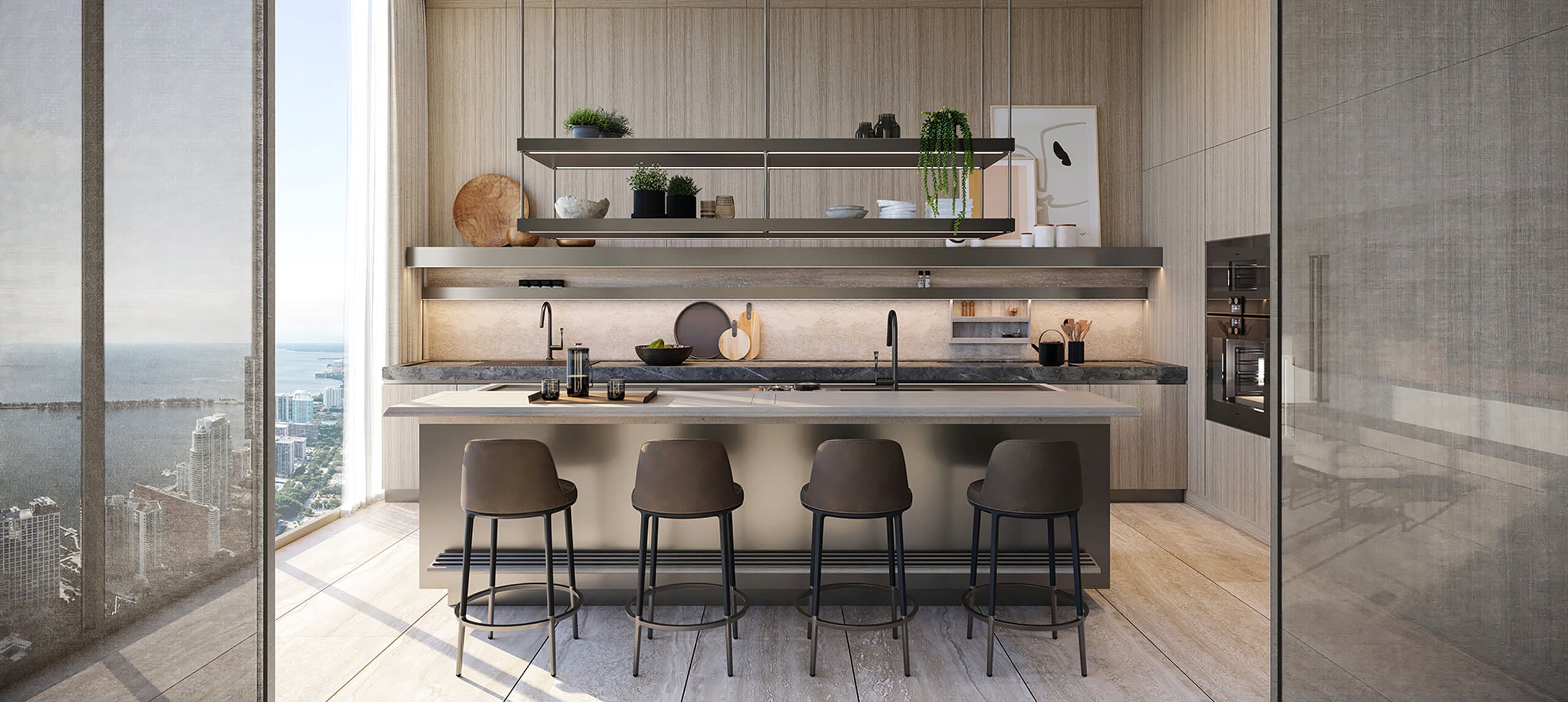 1428 Brickell luxury kitchen with Arclinea cabinetry designed by Antonio Citterio featuring Rimadesio glass enclosures and Gaggenau appliances