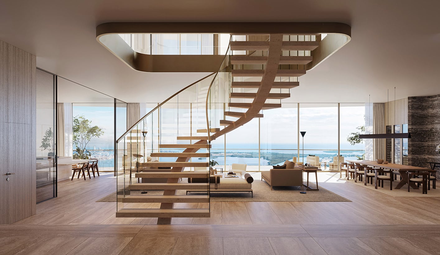 1428 Brickell penthouse sculptural staircase designed by Antonio Citterio in the 12000 square foot two-story residence