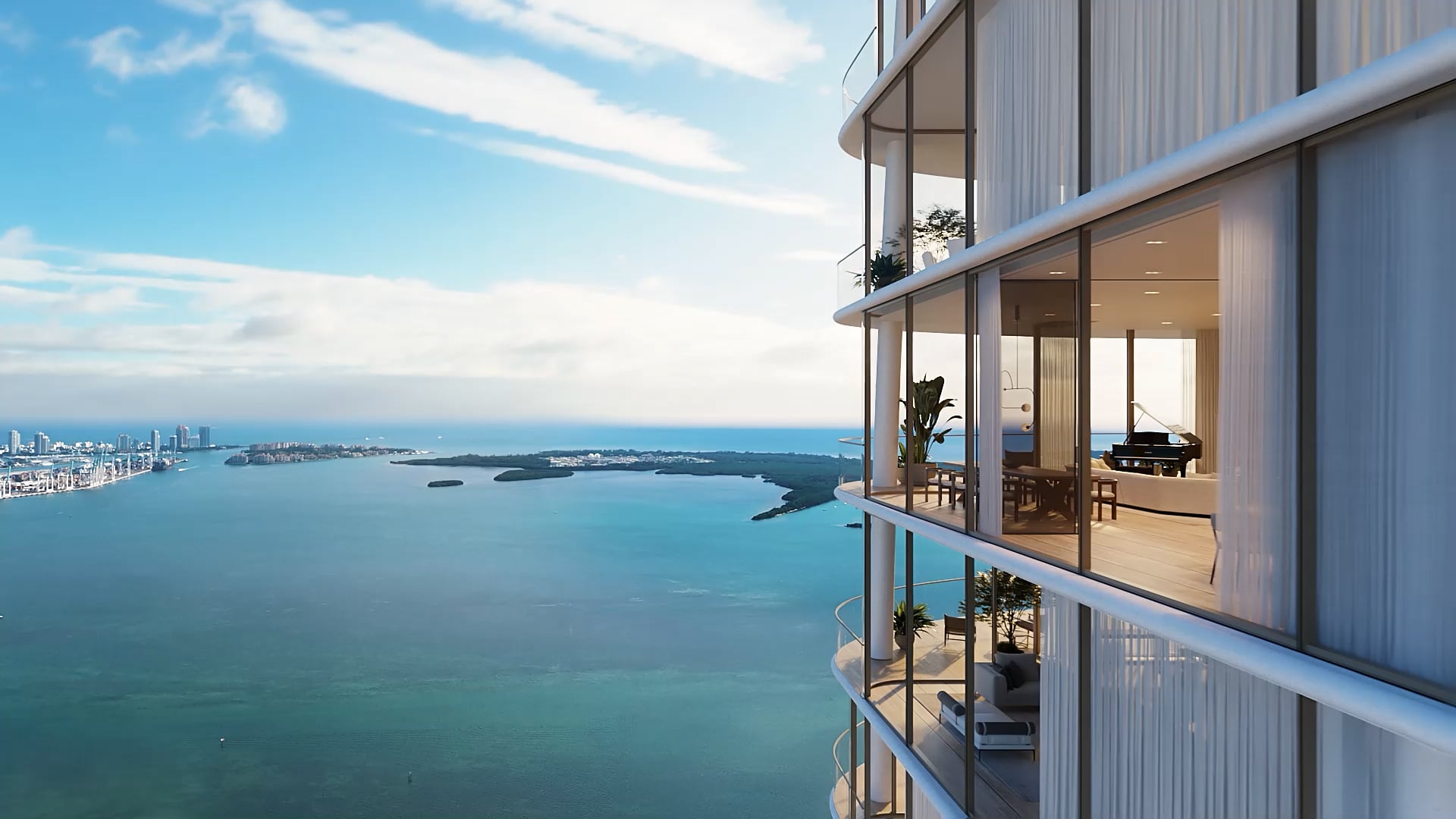 1428 Brickell residence interior living room with floor-to-ceiling windows and panoramic Biscayne Bay views designed by Antonio Citterio ACPV