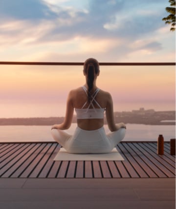 1428 Brickell Wellness Club outdoor yoga pavilion at Level 66 overlooking Biscayne Bay and the Atlantic Ocean