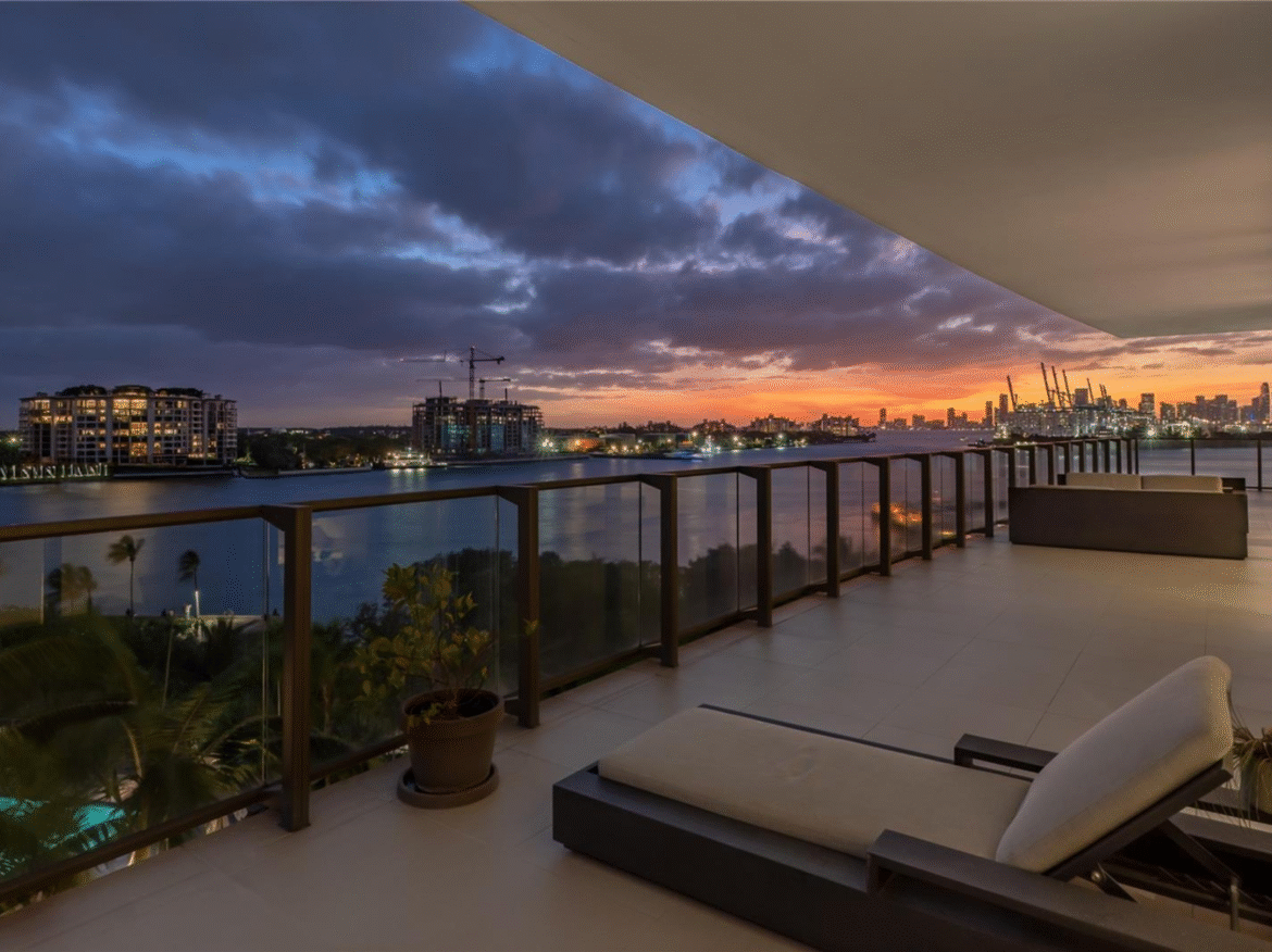 Apogee South Beach at sunset — South of Fifth luxury condo towers along the Miami Beach waterfront