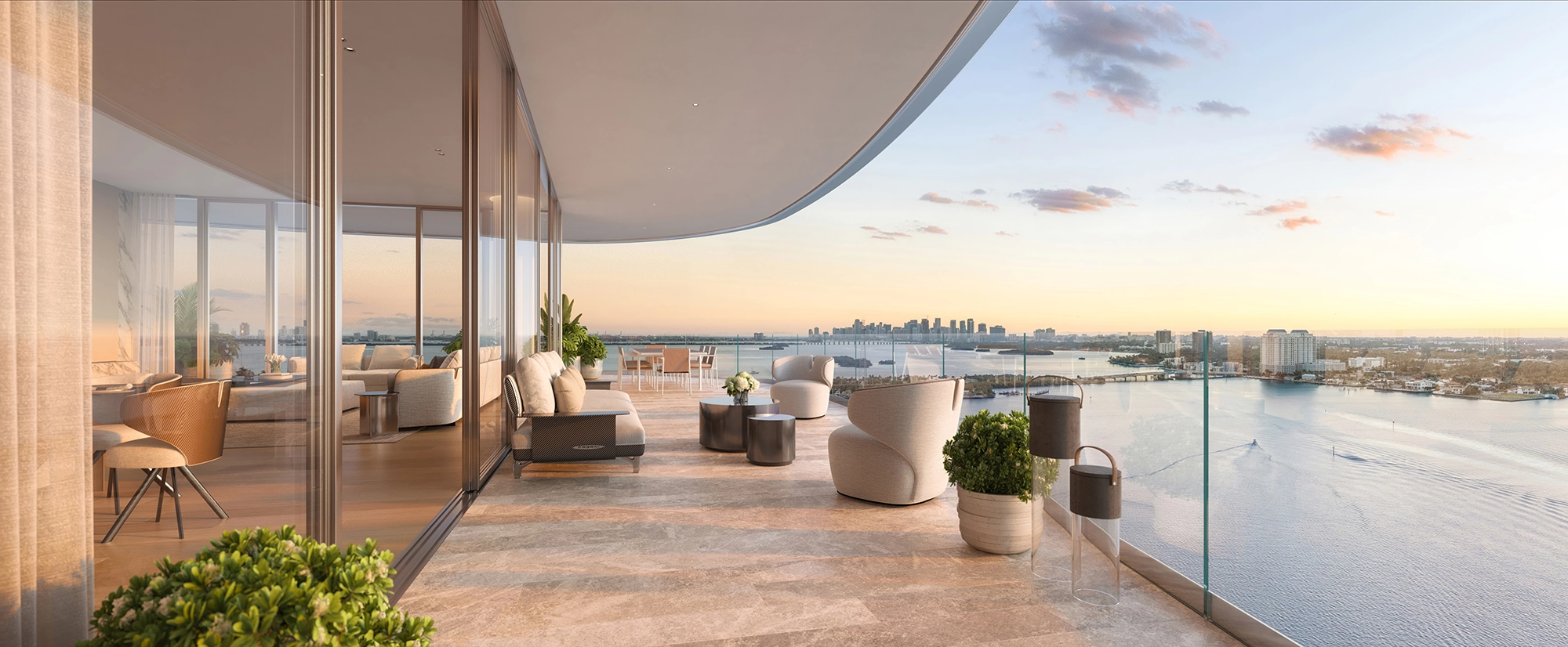 Pagani Residences private terrace with outdoor living space and panoramic Biscayne Bay and Miami skyline views