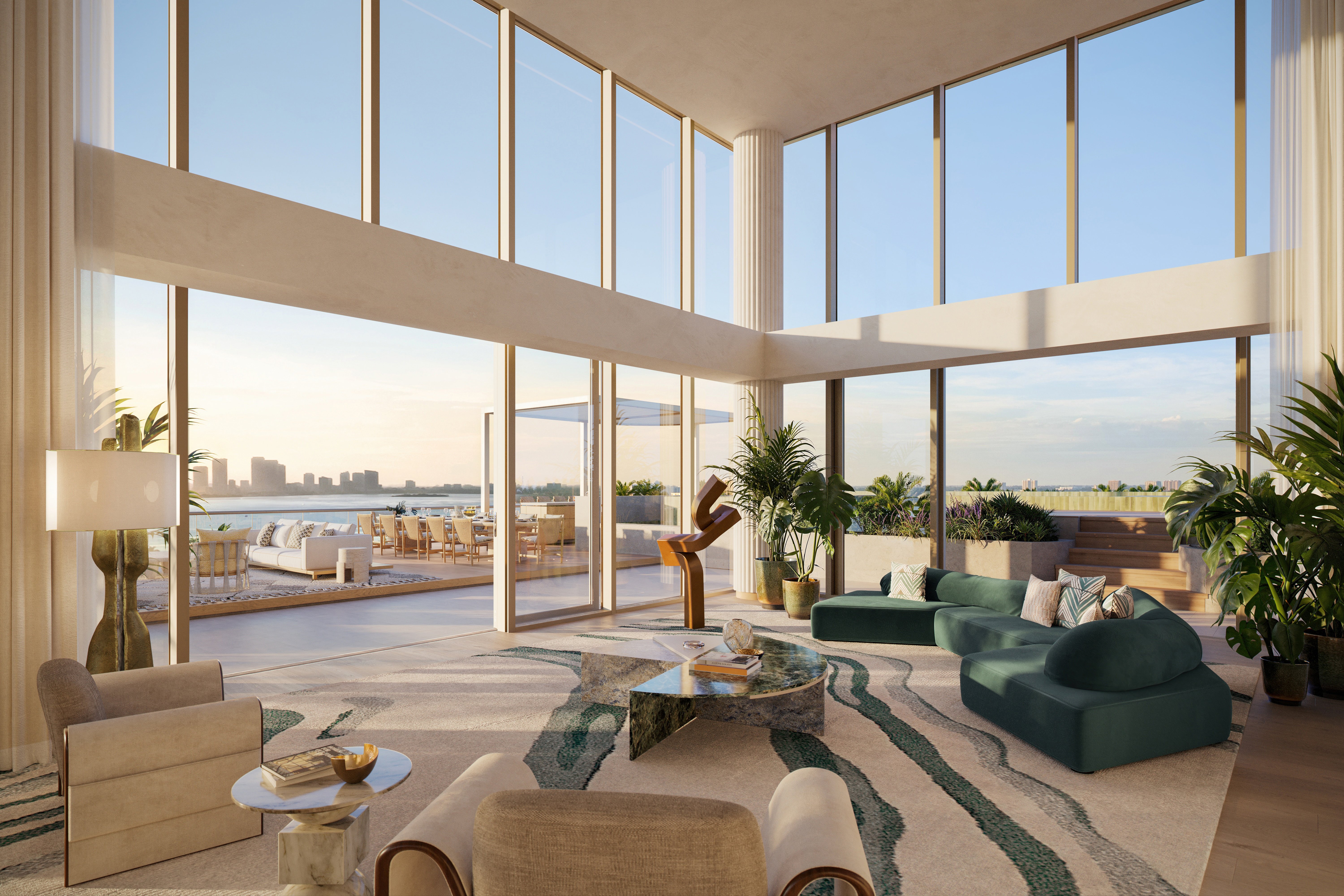 Perigon Penthouse West Miami Beach great room interior rendering with panoramic ocean views