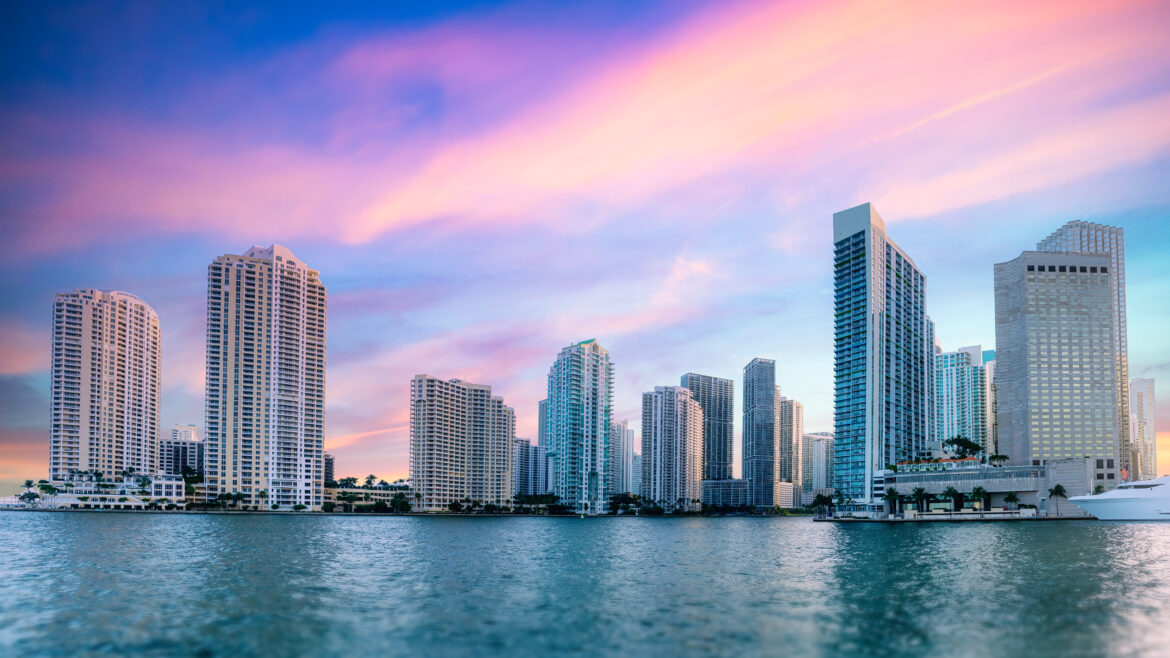 Miami skyline and Brickell towers seen from Biscayne Bay at sunset