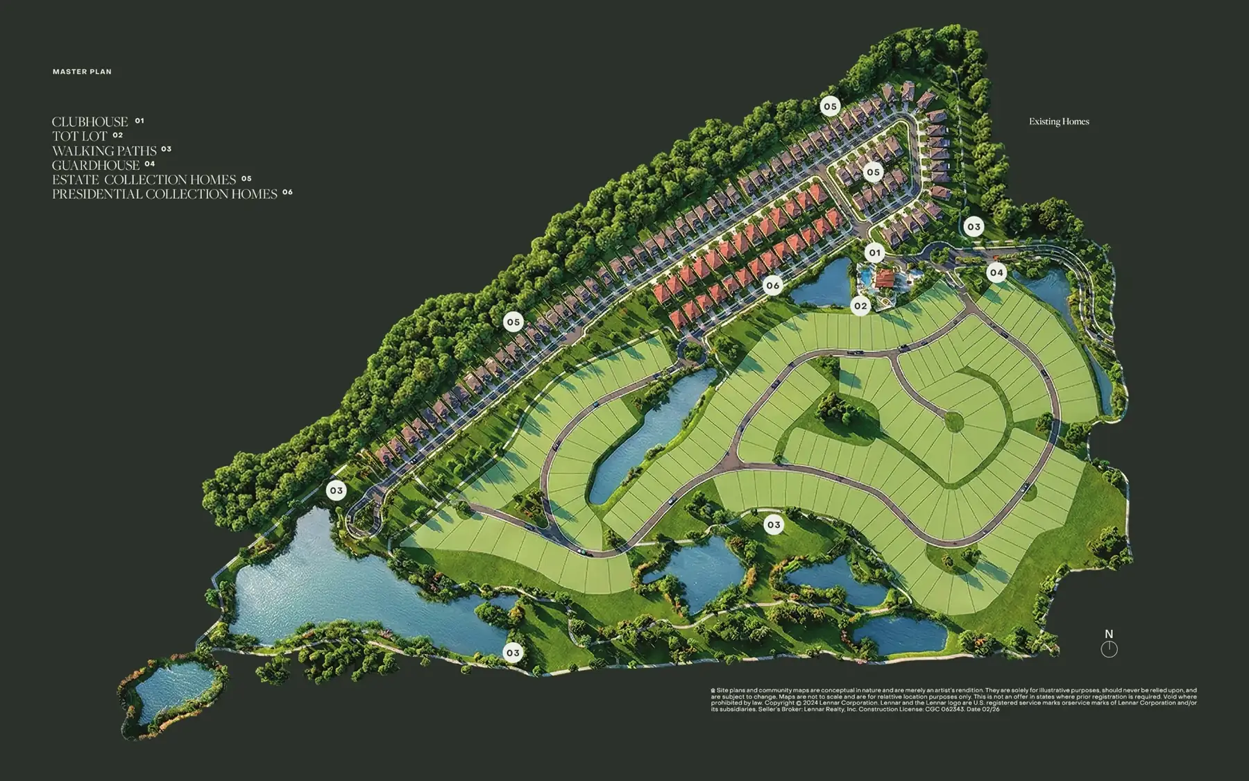 Master site plan of Greenview at Presidential showing the clubhouse, tot lot, walking paths, guardhouse, Estate Collection and Presidential Collection homesites on the former Presidential golf course