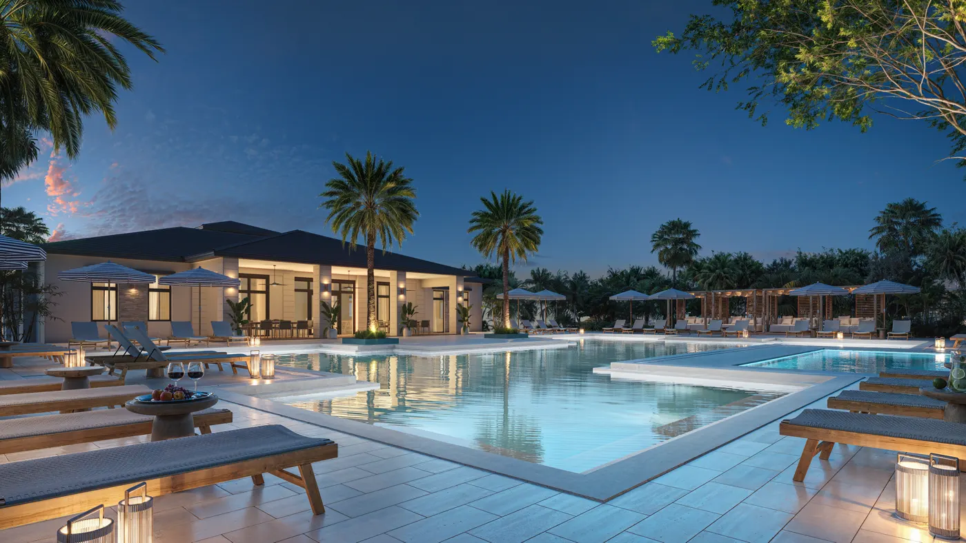 Greenview at Presidential clubhouse and pool deck at dawn