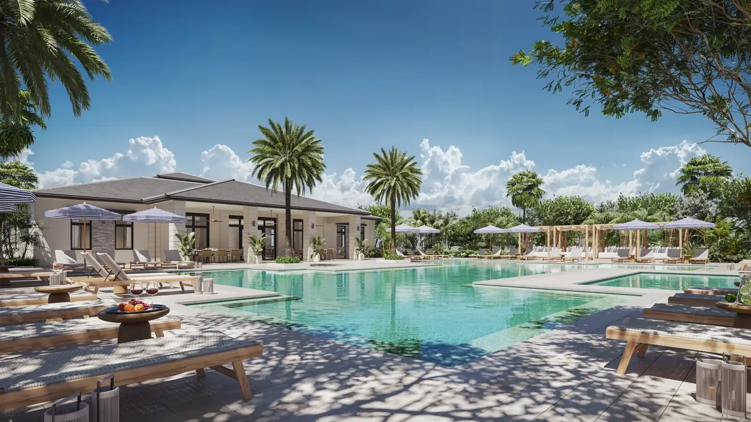 Lakefront clubhouse and resort-style pool at Greenview at Presidential near Aventura