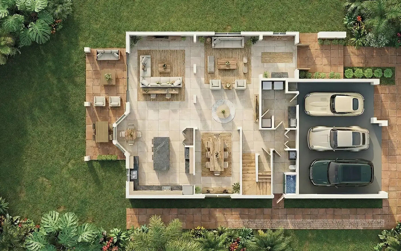 Furnished 3D first-floor plan of the Piedra at Greenview at Presidential