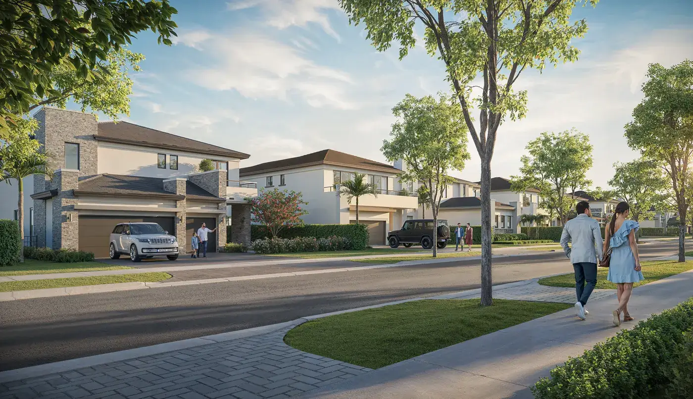 Tree-lined street of two-story estate homes at Greenview at Presidential