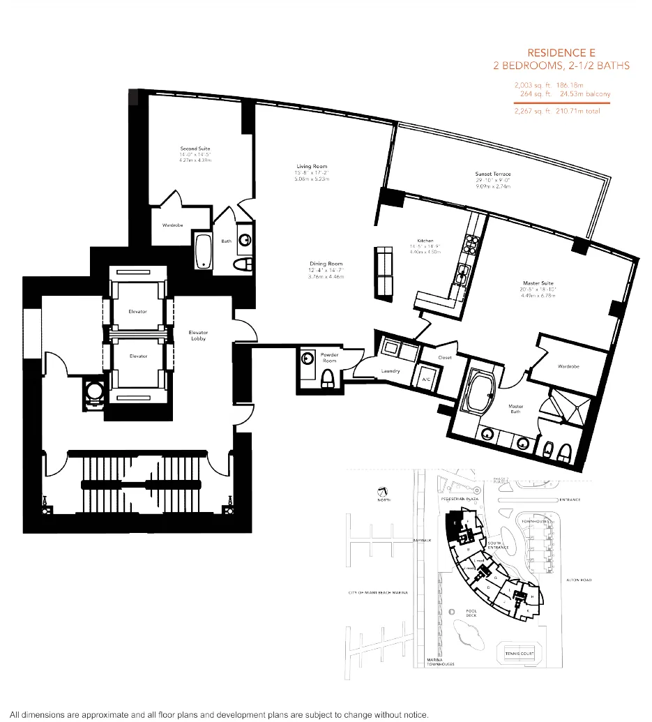 Floor plan of Murano Grande residence E, line 01 on floors 4–20: 2 bedrooms, 2.5 baths, 2,003 square feet