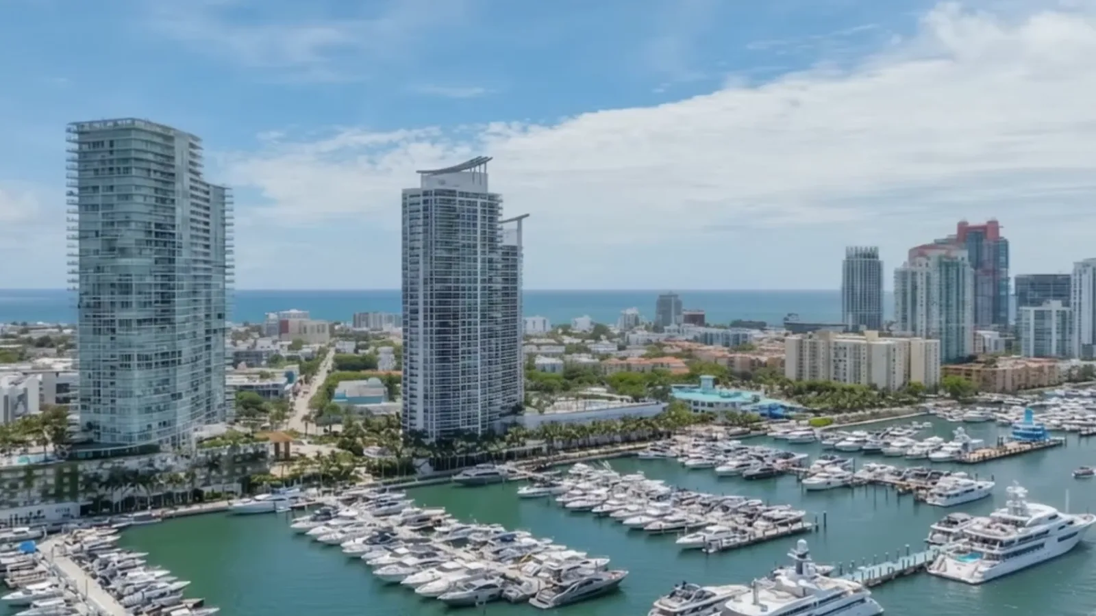 Murano Grande condo towers at 400 Alton Road rising over the Miami Beach Marina in South of Fifth, Miami Beach