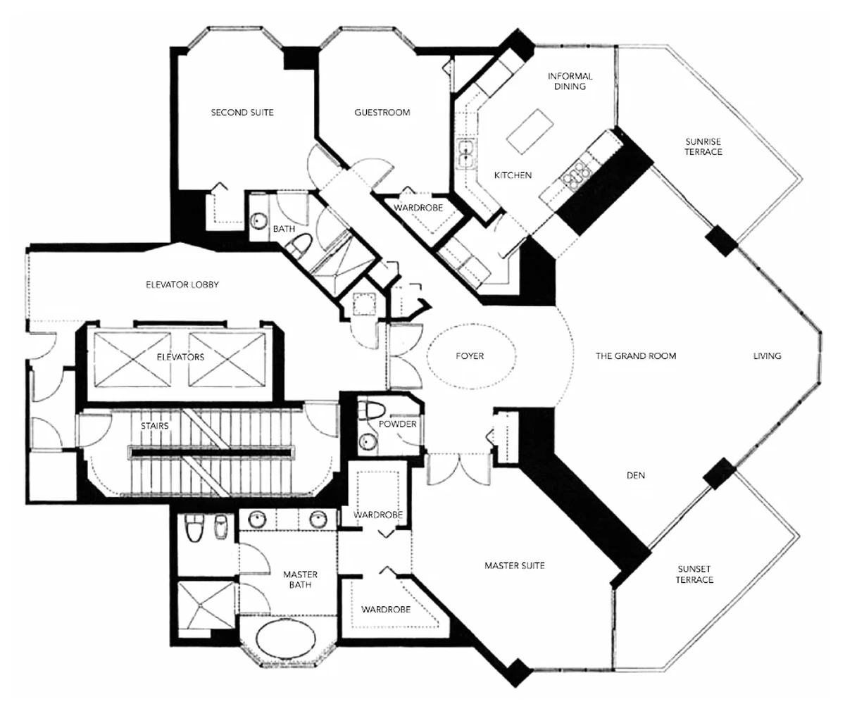 Floor plan of Portofino Tower residence 01, line 01 on floors 3 to 6: 3 bedrooms, 2.5 baths, 2,340 square feet